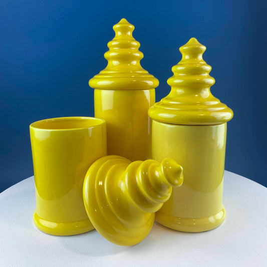 Vintage Mid Century Modern Yellow Ceramic Lantern Shaped Canisters with Lids. Set of 3. Kitchen Dining Rm Decor. Modern Farmhouse. - I Bought a Yard Sale