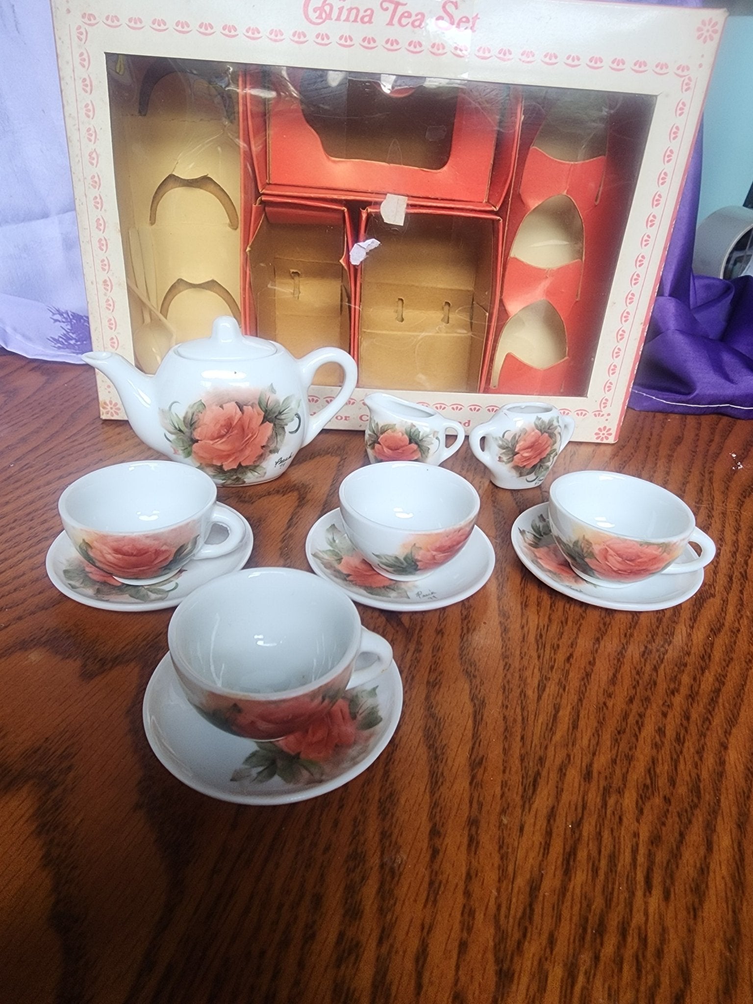 Vintage Miniature China Peach tea set with Roses 1994 - I Bought a Yard Sale