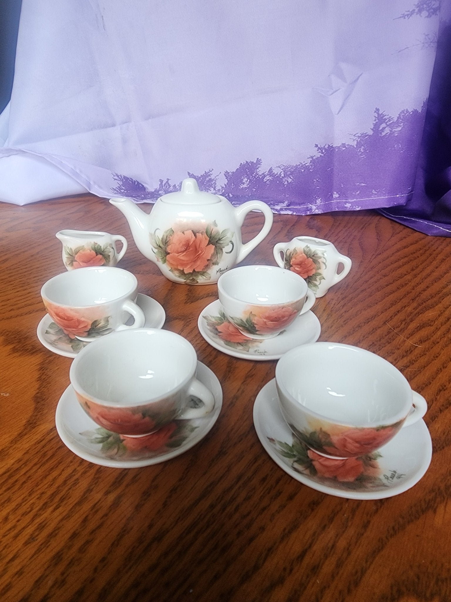 Vintage Miniature China Peach tea set with Roses 1994 - I Bought a Yard Sale