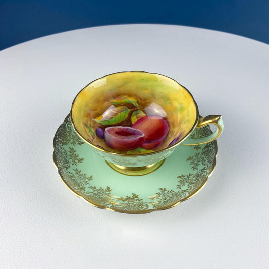 Vintage Mint Green and Gold Tea Cup & Saucer with Fruit Motif. Paragon Fine Bone China. Peaches, Plums, Berries. Gift for Him Her Tea Lover. - I Bought a Yard Sale