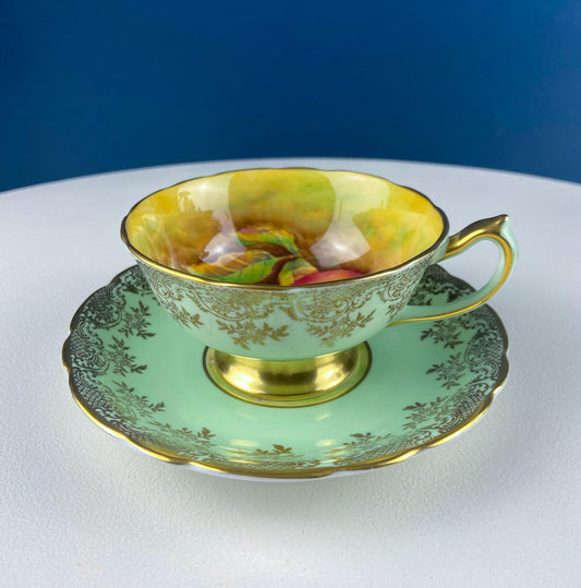 Vintage Mint Green and Gold Tea Cup & Saucer with Fruit Motif. Paragon Fine Bone China. Peaches, Plums, Berries. Gift for Him Her Tea Lover. - I Bought a Yard Sale