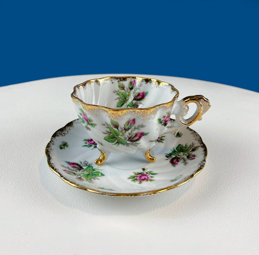 Vintage Moss Rose Porcelain Tea Cup and Saucer: Gold Swirl Silhouette - I Bought a Yard Sale