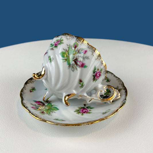 Vintage Moss Rose Porcelain Tea Cup and Saucer: Gold Swirl Silhouette - I Bought a Yard Sale