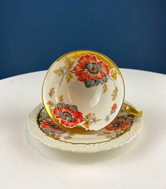 Vintage OST Mark SF Tea Cup with Saucer. Stunning Hand Painted Poppies and Rich Gold Rim. Collectible Tea Set. Wedding Gift. Cottagecore. - I Bought a Yard Sale