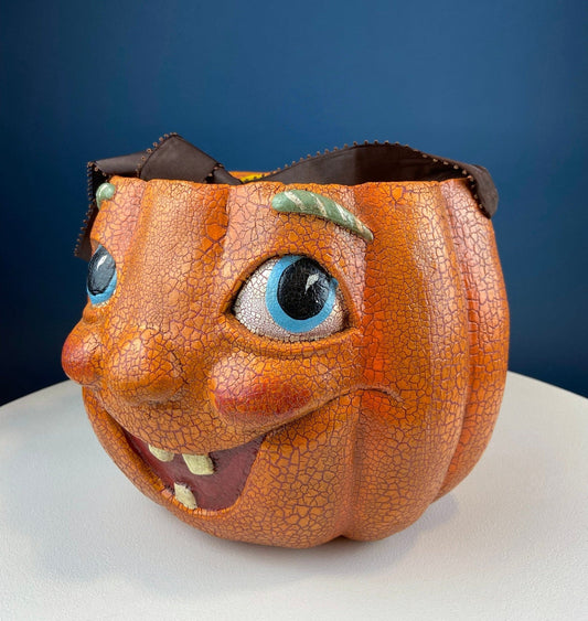 Vintage Papier Mache Jack - O - Lantern. Large Pumpkin Basket. Cute Hand Painted Face. Crackle Paint. Ribbon Handle. Halloween Candy Give Away. - I Bought a Yard Sale