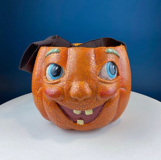 Vintage Papier Mache Jack - O - Lantern. Large Pumpkin Basket. Cute Hand Painted Face. Crackle Paint. Ribbon Handle. Halloween Candy Give Away. - I Bought a Yard Sale