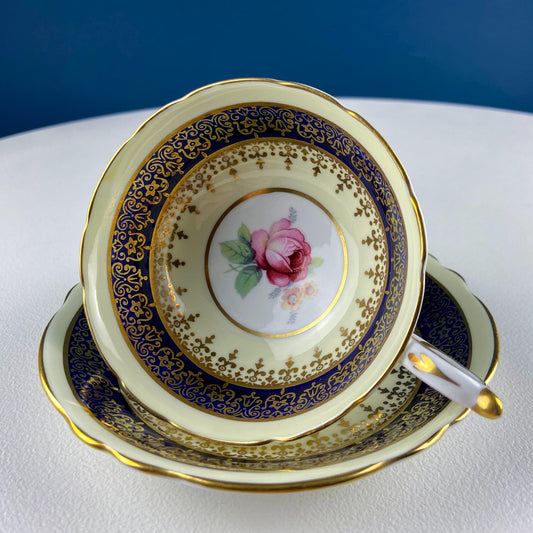 Vintage Paragon Cup and Saucer. Porcelain Tea Set. Lt Yellow with Dark Blue and Gold Bend. Rose Motif. Excellent Gift Idea for Tea Lover. - I Bought a Yard Sale