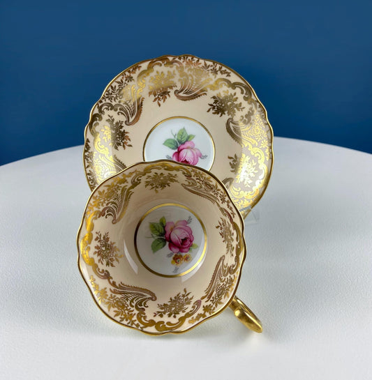 Vintage Paragon Peach Tea Coffee Cup & Saucer. Red Rose Motif and Gold Floral Border. Collectible Dining Room Decor. Gift for Him or Her. - I Bought a Yard Sale