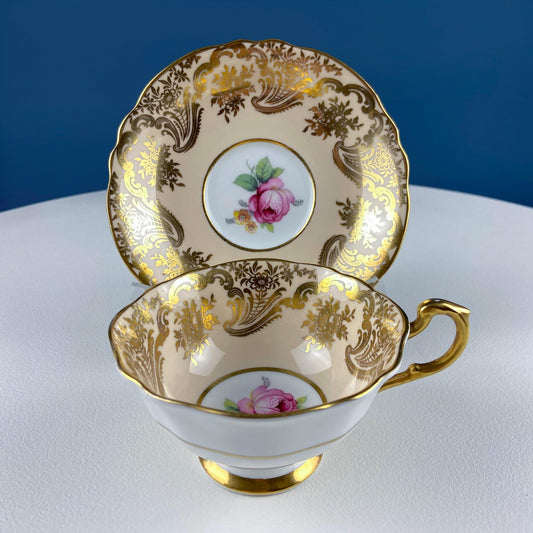 Vintage Paragon Peach Tea Coffee Cup & Saucer. Red Rose Motif and Gold Floral Border. Collectible Dining Room Decor. Gift for Him or Her. - I Bought a Yard Sale