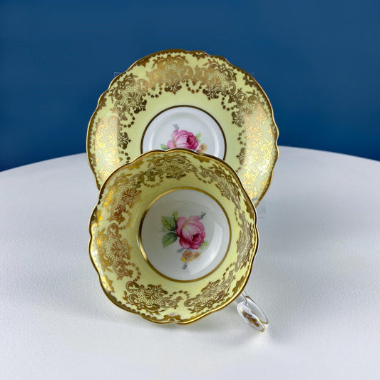 Vintage Paragon Yellow Tea Coffee Cup & Saucer. Red Rose Motif and Gold Floral Border. Collectible Dining Room Decor. Gift for Him Her. - I Bought a Yard Sale