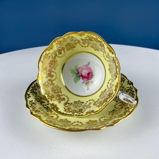 Vintage Paragon Yellow Tea Coffee Cup & Saucer. Red Rose Motif and Gold Floral Border. Collectible Dining Room Decor. Gift for Him Her. - I Bought a Yard Sale