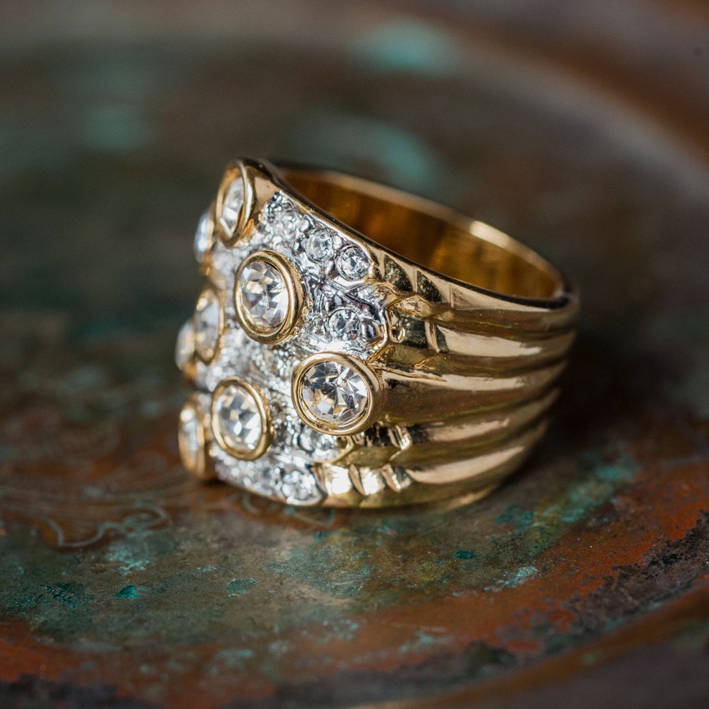 Vintage Pave Austrian Crystal Ring Womens Antique Ring 18k Yellow Gold Electroplated Made in USA by PVD Vintage Jewelry - I Bought a Yard Sale