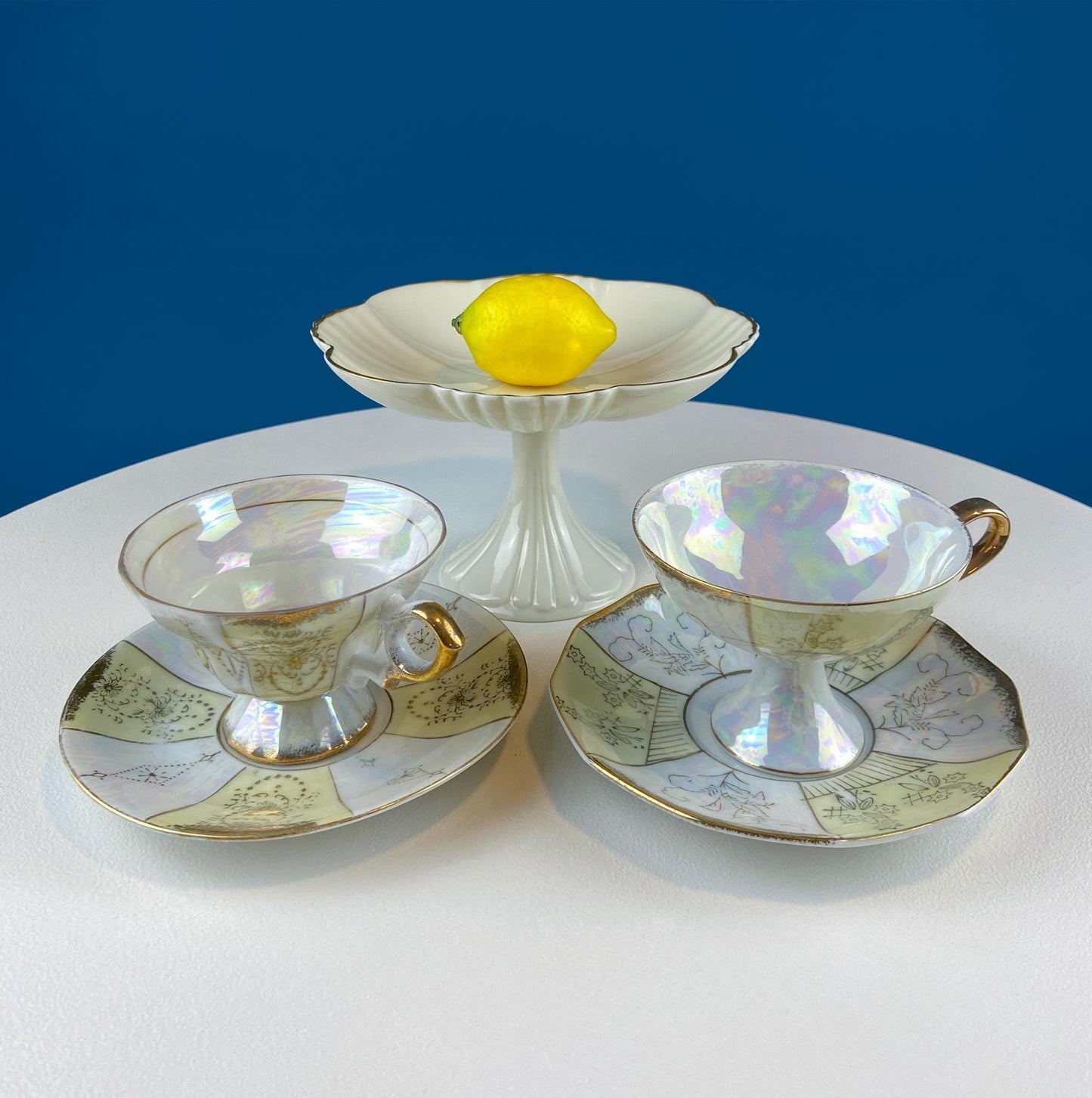 Vintage Pearlescent Tea Cups and Saucers with Light Yellow & Gold Accents. Set of 2 Cups. Slightly Different Silhouettes. Gift for Couple. - I Bought a Yard Sale