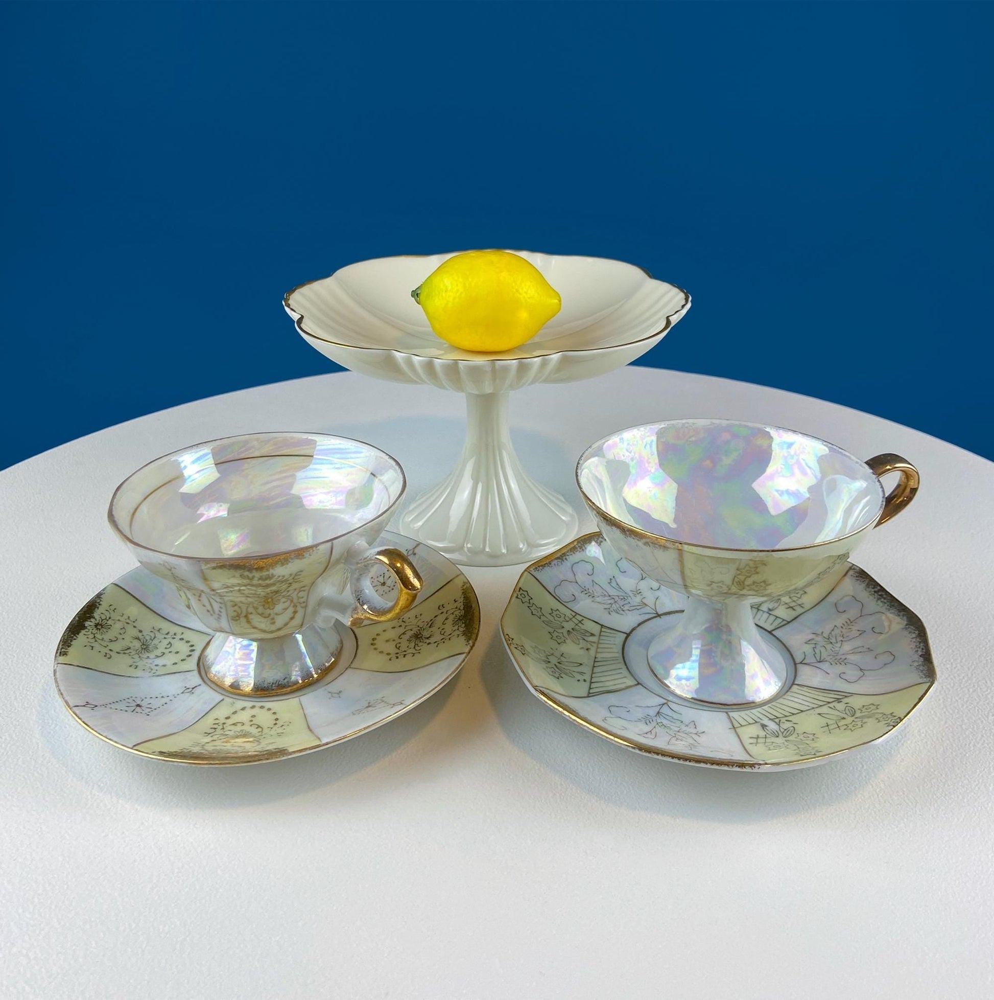 Vintage Pearlescent Tea Cups and Saucers with Light Yellow & Gold Accents. Set of 2 Cups. Slightly Different Silhouettes. Gift for Couple. - I Bought a Yard Sale