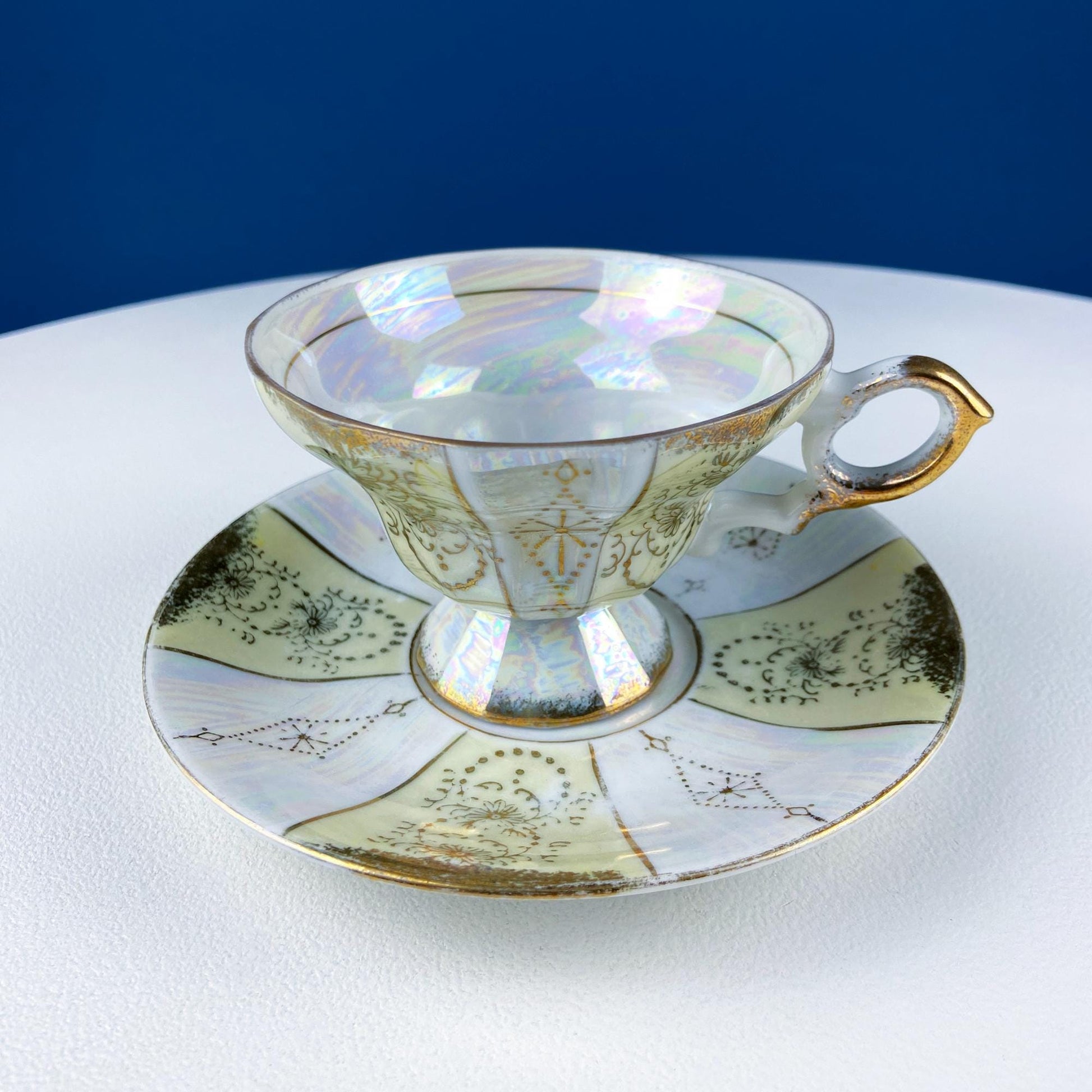 Vintage Pearlescent Tea Cups and Saucers with Light Yellow & Gold Accents. Set of 2 Cups. Slightly Different Silhouettes. Gift for Couple. - I Bought a Yard Sale