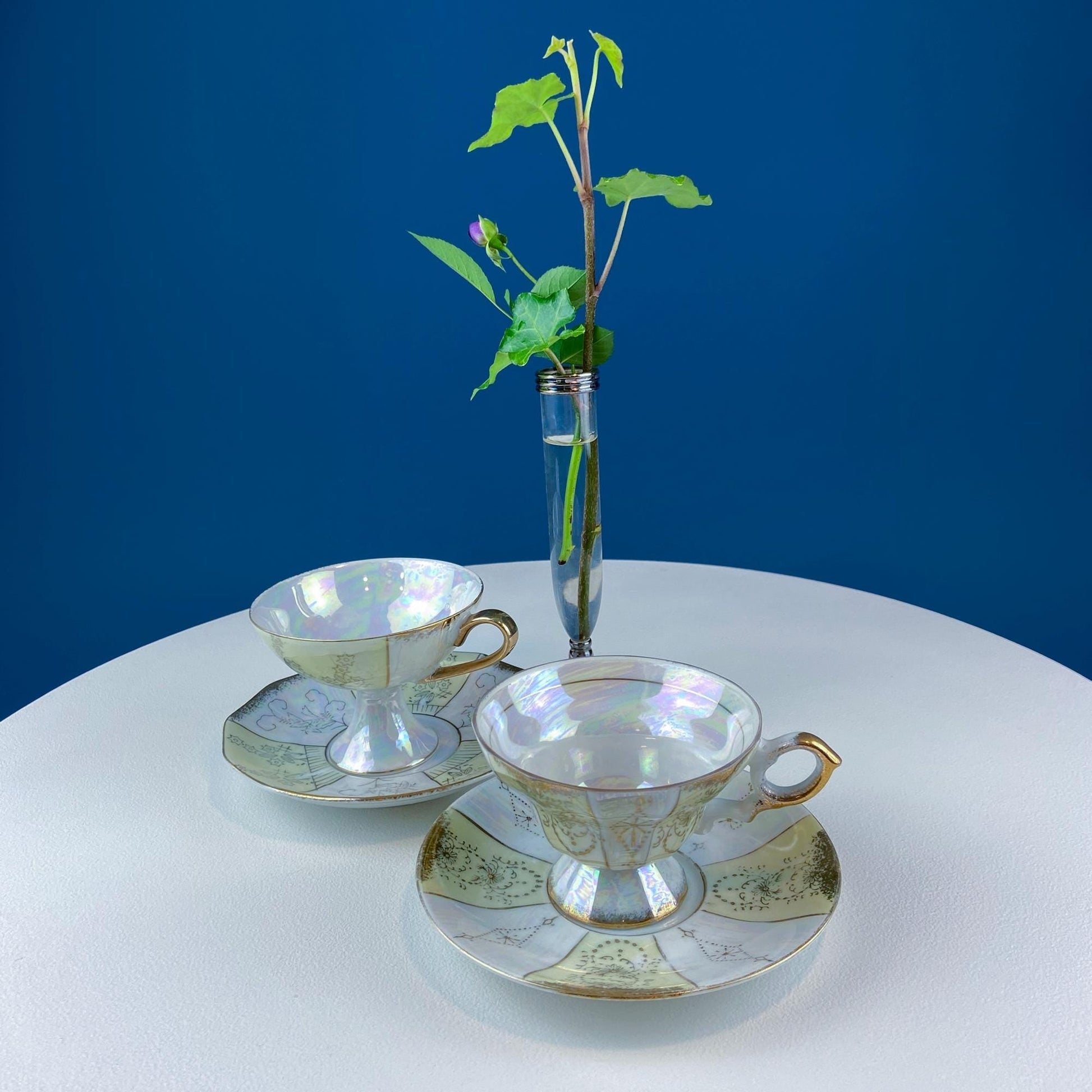 Vintage Pearlescent Tea Cups and Saucers with Light Yellow & Gold Accents. Set of 2 Cups. Slightly Different Silhouettes. Gift for Couple. - I Bought a Yard Sale