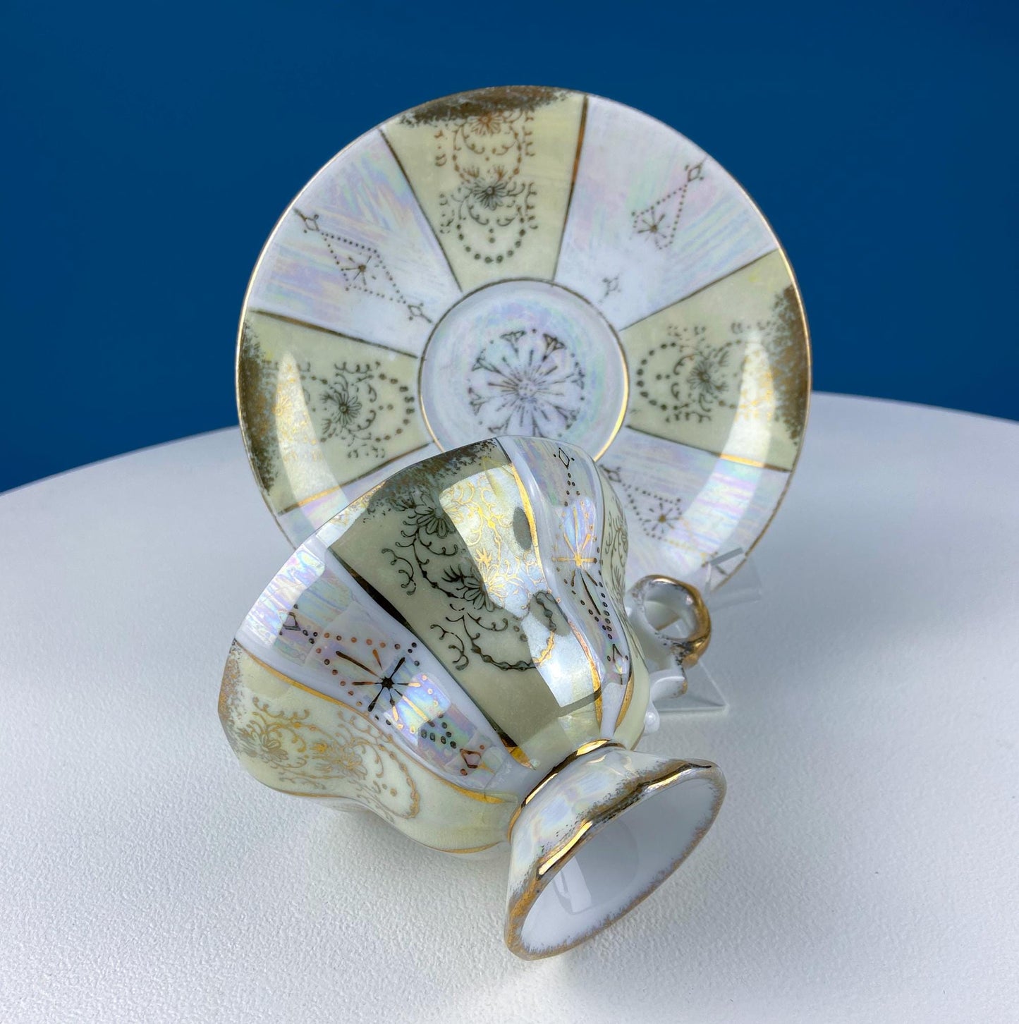 Vintage Pearlescent Tea Cups and Saucers with Light Yellow & Gold Accents. Set of 2 Cups. Slightly Different Silhouettes. Gift for Couple. - I Bought a Yard Sale