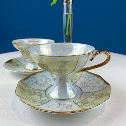 Vintage Pearlescent Tea Cups and Saucers with Light Yellow & Gold Accents. Set of 2 Cups. Slightly Different Silhouettes. Gift for Couple. - I Bought a Yard Sale