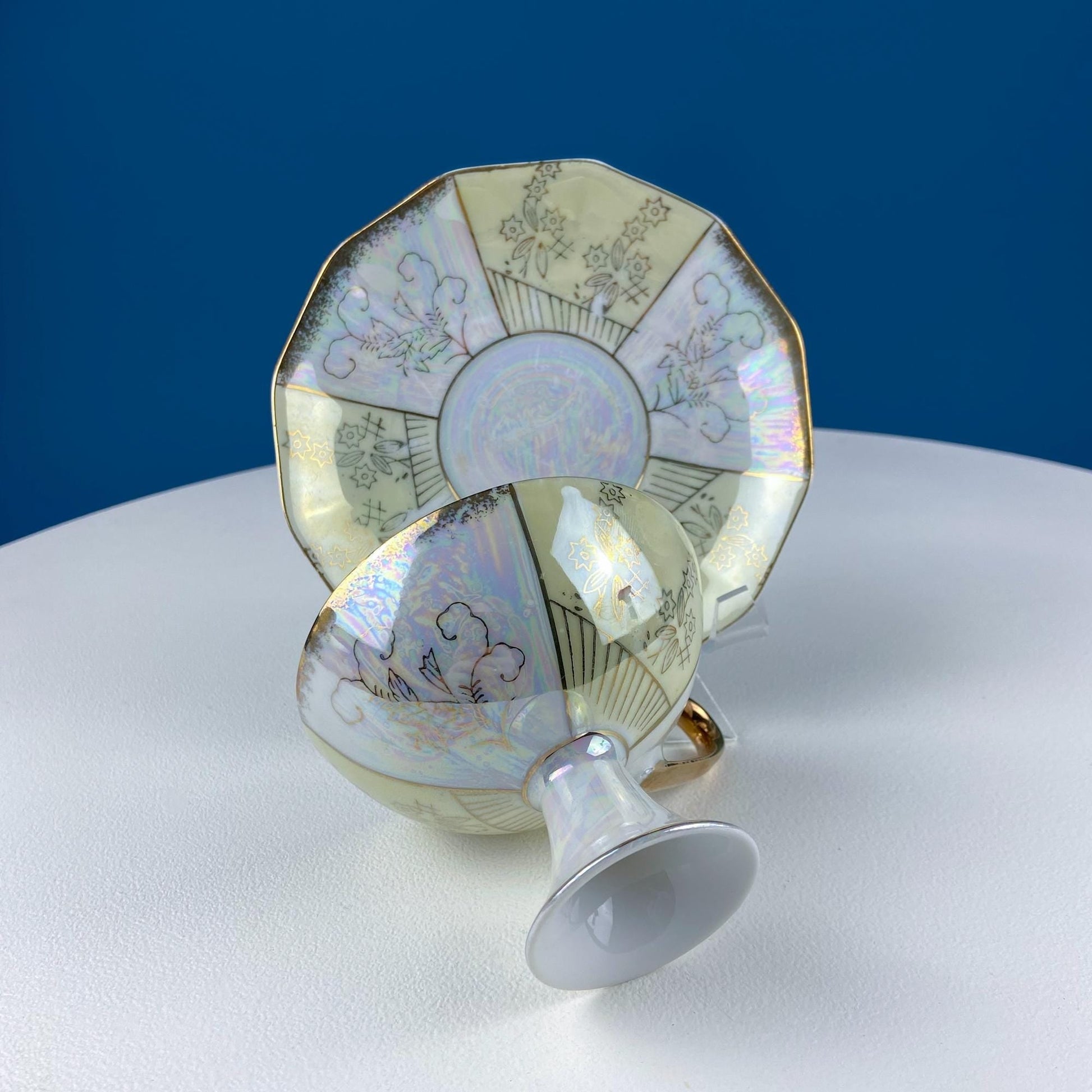 Vintage Pearlescent Tea Cups and Saucers with Light Yellow & Gold Accents. Set of 2 Cups. Slightly Different Silhouettes. Gift for Couple. - I Bought a Yard Sale