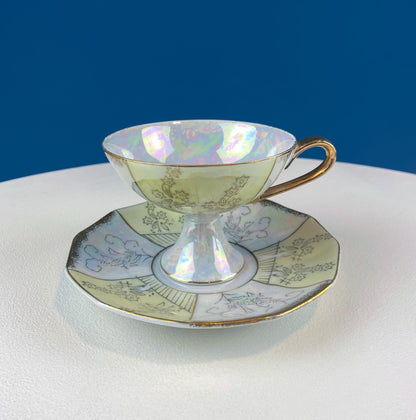 Vintage Pearlescent Tea Cups and Saucers with Light Yellow & Gold Accents. Set of 2 Cups. Slightly Different Silhouettes. Gift for Couple. - I Bought a Yard Sale