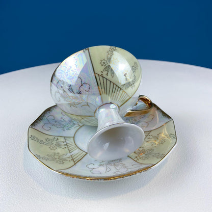 Vintage Pearlescent Tea Cups and Saucers with Light Yellow & Gold Accents. Set of 2 Cups. Slightly Different Silhouettes. Gift for Couple. - I Bought a Yard Sale
