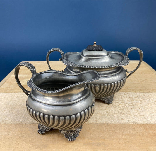 Vintage Pewter Creamer and Sugar Bowl with Lid. Cream and Sugar Serving Dishes with Black Plastic Wooden Handles & Knobs. Made in England. - I Bought a Yard Sale