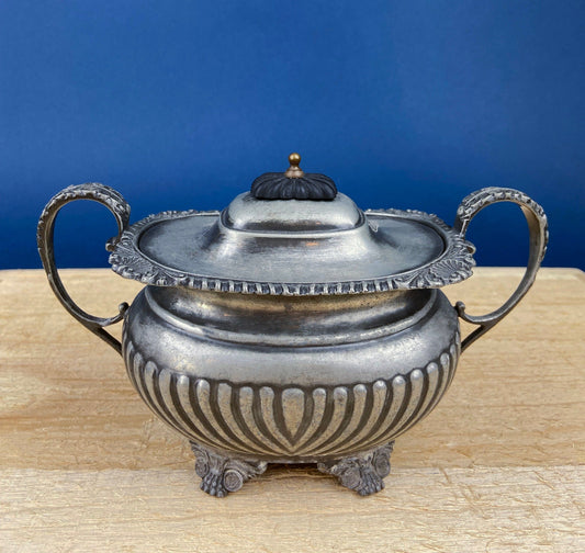 Vintage Pewter Creamer and Sugar Bowl with Lid. Cream and Sugar Serving Dishes with Black Plastic Wooden Handles & Knobs. Made in England. - I Bought a Yard Sale