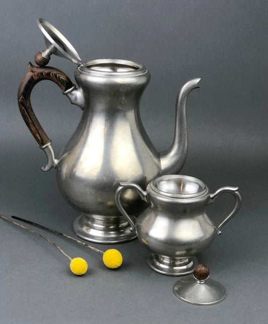 Vintage Pewter Tea Pot / Coffee Pot and Sugar Bowl with Lid, Wooden Handle and Knob. Royal Holland Pewter. KMD, Tiel. Photo / Video Props. - I Bought a Yard Sale