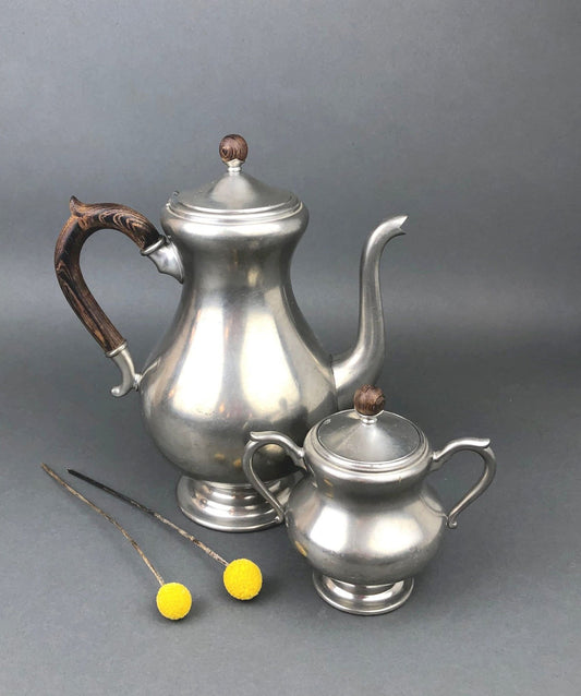 Vintage Pewter Tea Pot / Coffee Pot and Sugar Bowl with Lid, Wooden Handle and Knob. Royal Holland Pewter. KMD, Tiel. Photo / Video Props. - I Bought a Yard Sale