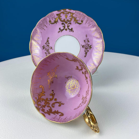 Vintage Pink Tea Cups and Saucers with Gold Accents. Set of 2 Cups. Different Motifs. Hand Painted Fruit. Gift for Couple. Tea Lovers. - I Bought a Yard Sale
