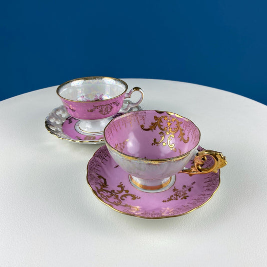 Vintage Pink Tea Cups and Saucers with Gold Accents. Set of 2 Cups. Different Motifs. Hand Painted Fruit. Gift for Couple. Tea Lovers. - I Bought a Yard Sale