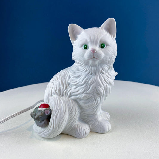 Vintage Porcelain Cat Shaped Table Top Lamp. White Kitty with Green Eyes & Sleeping Mouse. Night Light. Kids Room, Dorm, Home, Retail Decor - I Bought a Yard Sale