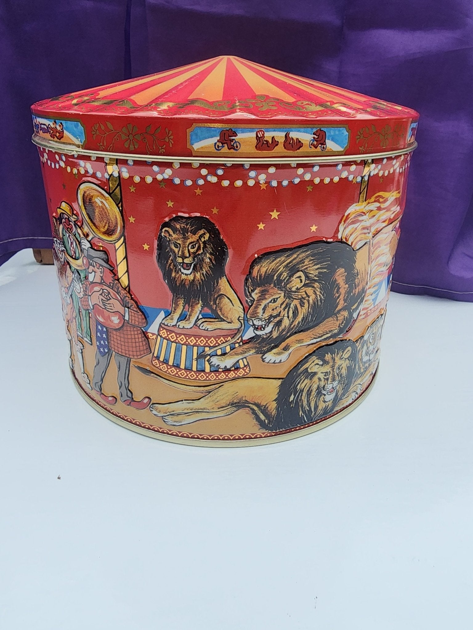 Vintage Poul Friis Big Top Circus Empty Cookie Tin Featuring Elephants, Horses, Monkeys & Lions - I Bought a Yard Sale