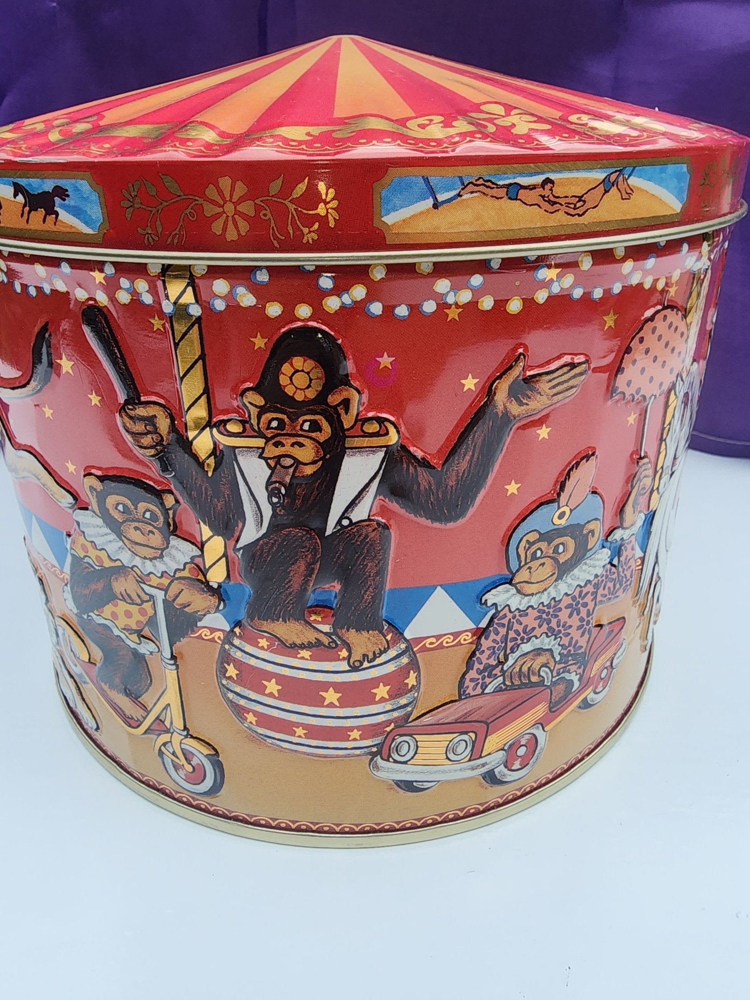 Vintage Poul Friis Big Top Circus Empty Cookie Tin Featuring Elephants, Horses, Monkeys & Lions - I Bought a Yard Sale
