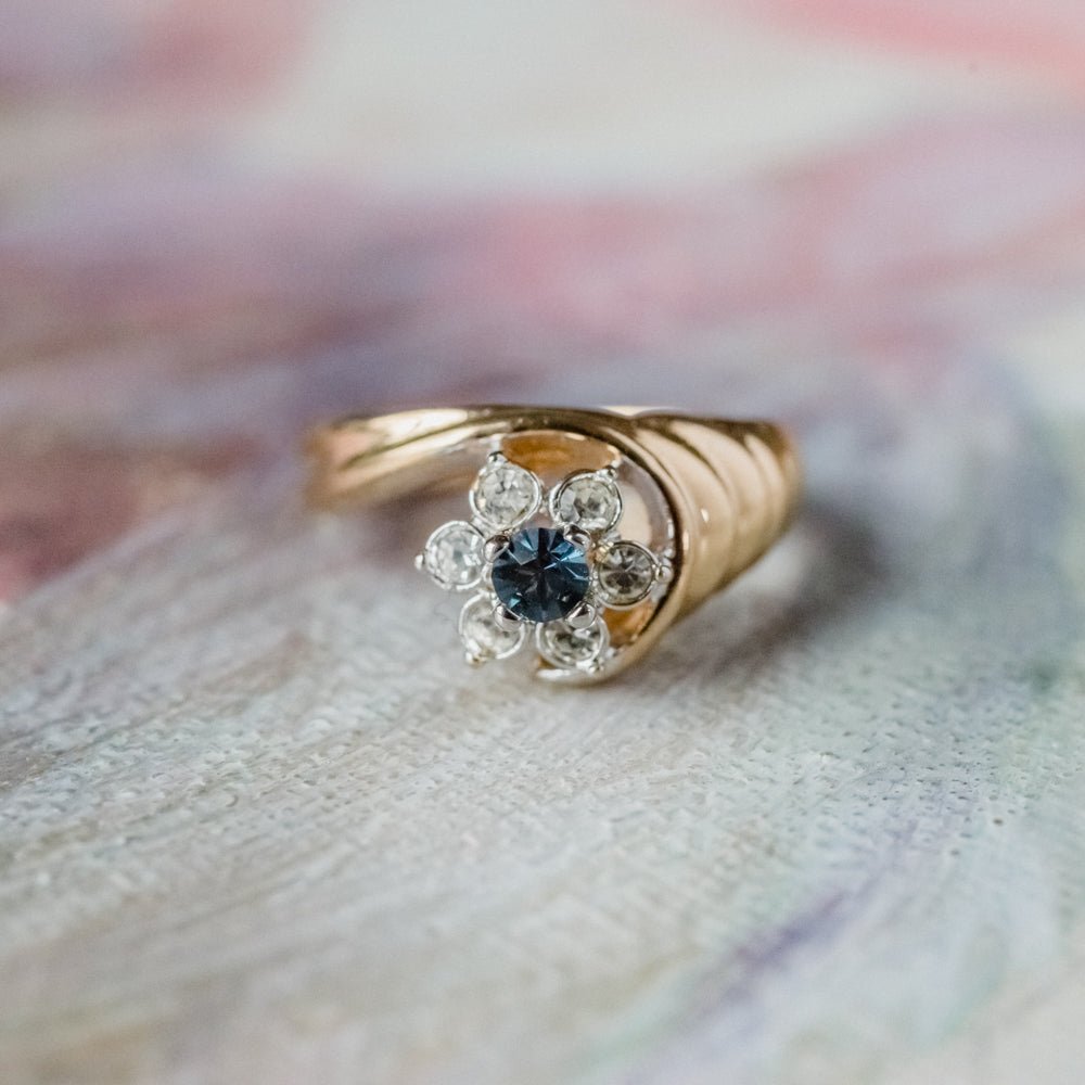 Vintage Ring 1980's Ring Sapphire and Clear Swarovski Crystal 18k Gold Antique Womans Jewelry R2704 by PVD Vintage Jewelry - I Bought a Yard Sale