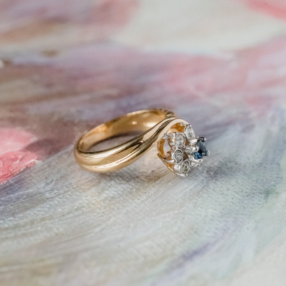 Vintage Ring 1980's Ring Sapphire and Clear Swarovski Crystal 18k Gold Antique Womans Jewelry R2704 by PVD Vintage Jewelry - I Bought a Yard Sale