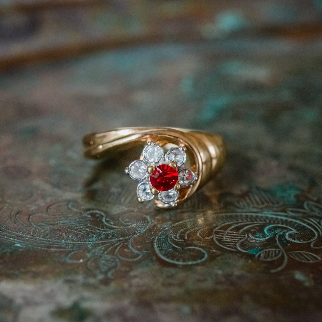 Vintage Ring 1980's Ring Sapphire and Clear Swarovski Crystal 18k Gold Antique Womans Jewelry R2704 by PVD Vintage Jewelry - I Bought a Yard Sale