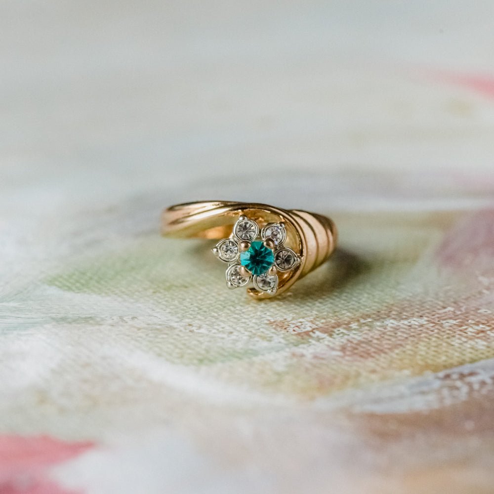 Vintage Ring 1980's Ring Sapphire and Clear Swarovski Crystal 18k Gold Antique Womans Jewelry R2704 by PVD Vintage Jewelry - I Bought a Yard Sale