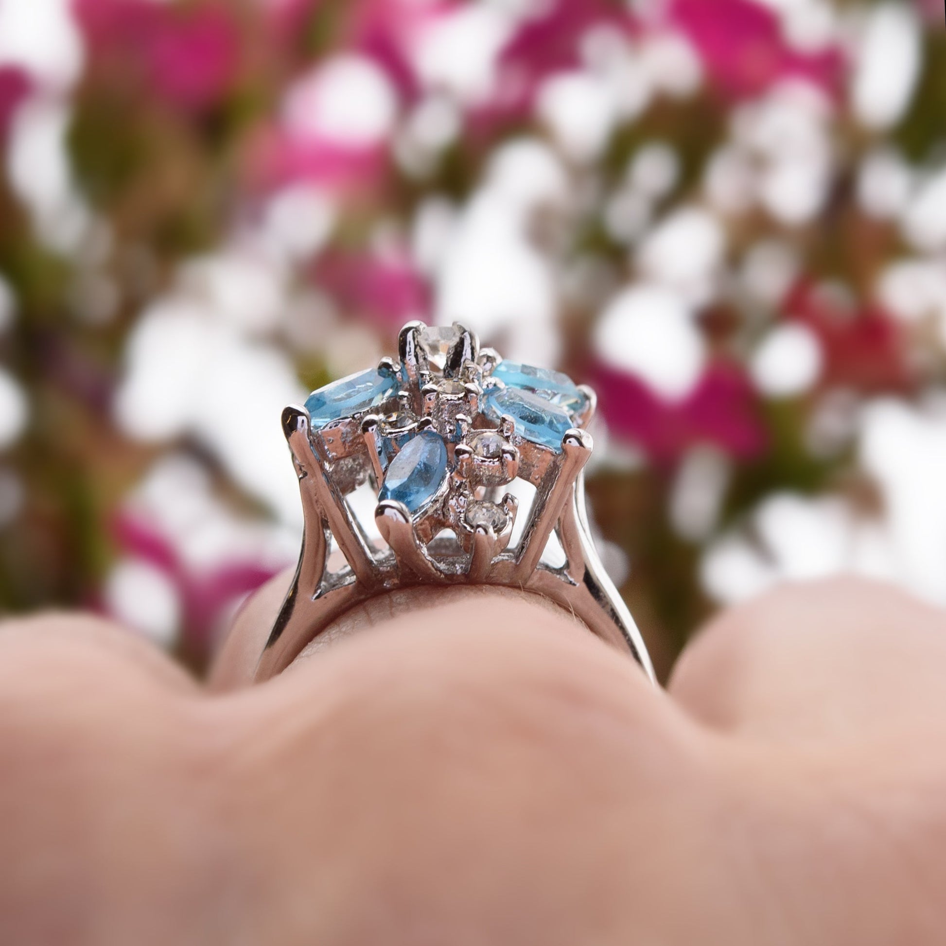 Vintage Ring Aquamarine and Clear Swarovski Crystals 18k White Gold Unique Cluster Antique Womans R1863 - AQW Size: 4 by PVD Vintage Jewelry - I Bought a Yard Sale