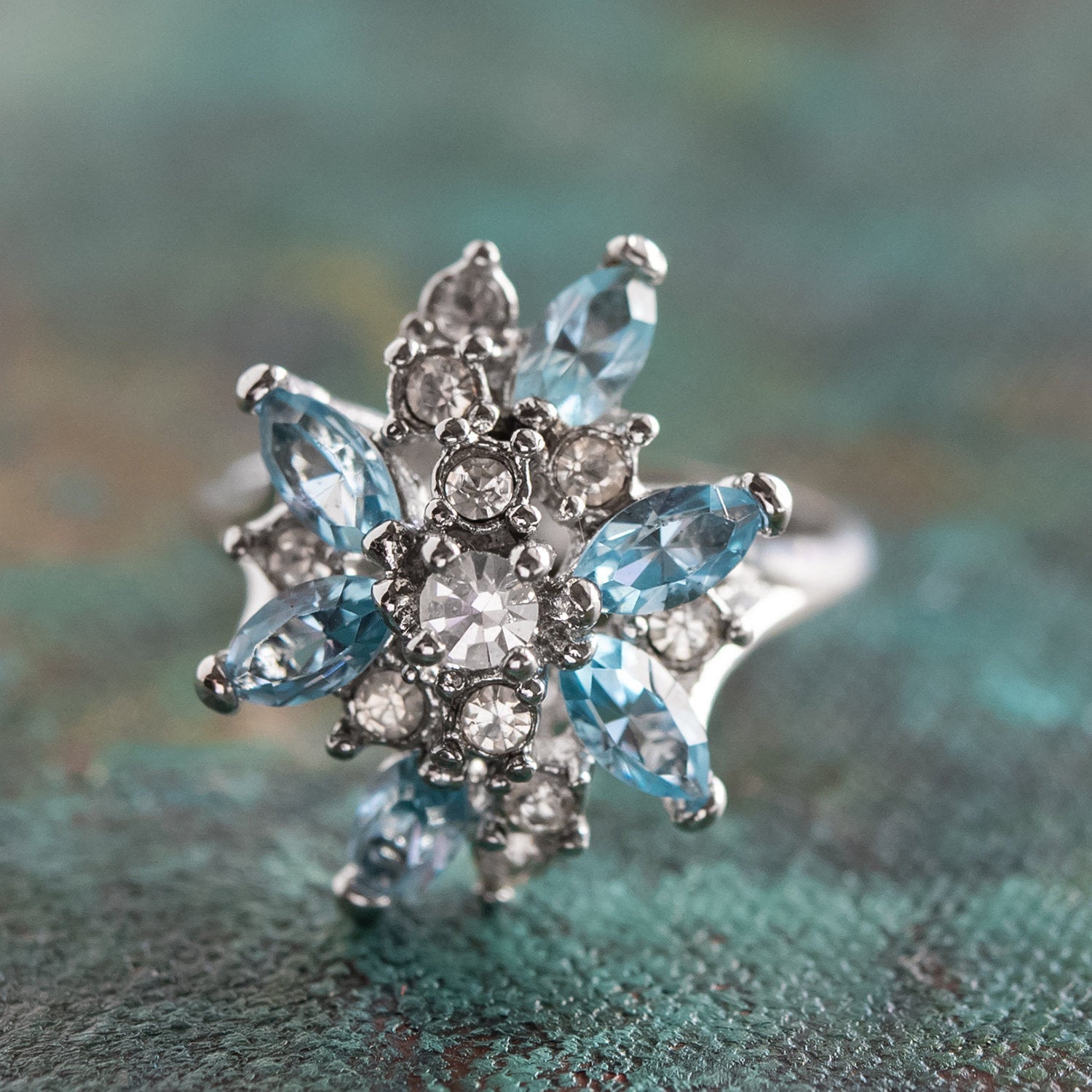 Vintage Ring Aquamarine and Clear Swarovski Crystals 18k White Gold Unique Cluster Antique Womans R1863 - AQW Size: 4 by PVD Vintage Jewelry - I Bought a Yard Sale