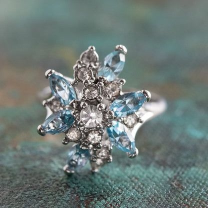 Vintage Ring Aquamarine and Clear Swarovski Crystals 18k White Gold Unique Cluster Antique Womans R1863 - AQW Size: 4 by PVD Vintage Jewelry - I Bought a Yard Sale