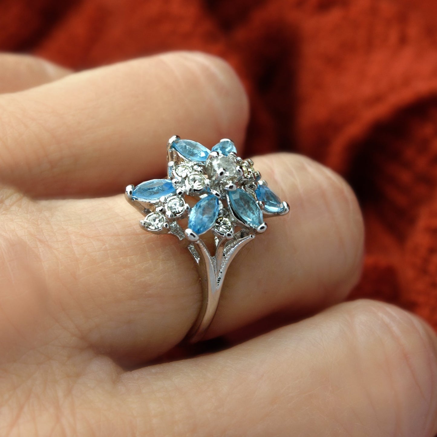 Vintage Ring Aquamarine and Clear Swarovski Crystals 18k White Gold Unique Cluster Antique Womans R1863 - AQW Size: 4 by PVD Vintage Jewelry - I Bought a Yard Sale
