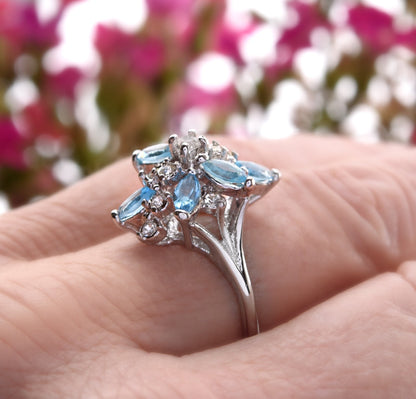 Vintage Ring Aquamarine and Clear Swarovski Crystals 18k White Gold Unique Cluster Antique Womans R1863 - AQW Size: 4 by PVD Vintage Jewelry - I Bought a Yard Sale