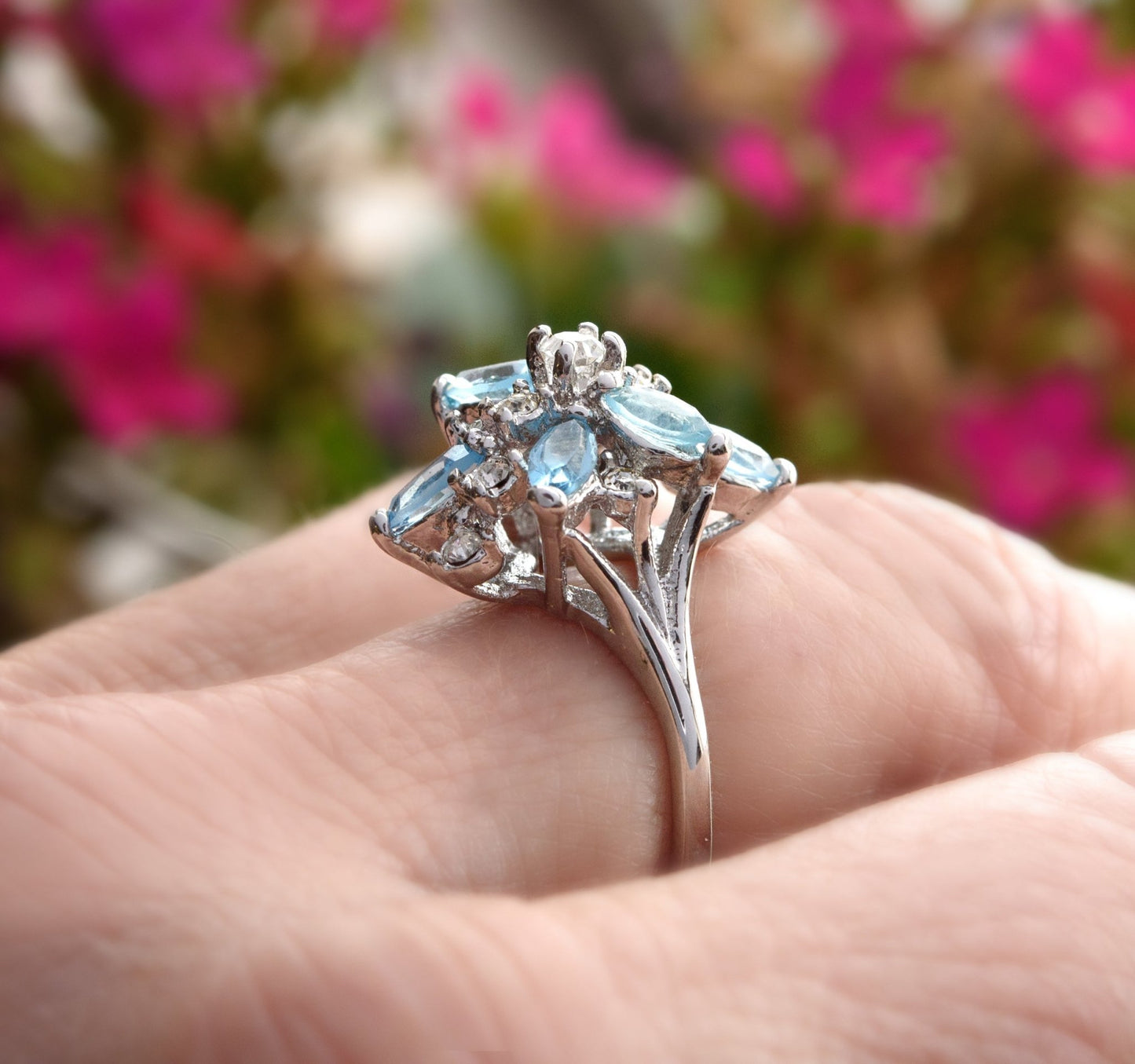 Vintage Ring Aquamarine and Clear Swarovski Crystals 18k White Gold Unique Cluster Antique Womans R1863 - AQW Size: 4 by PVD Vintage Jewelry - I Bought a Yard Sale