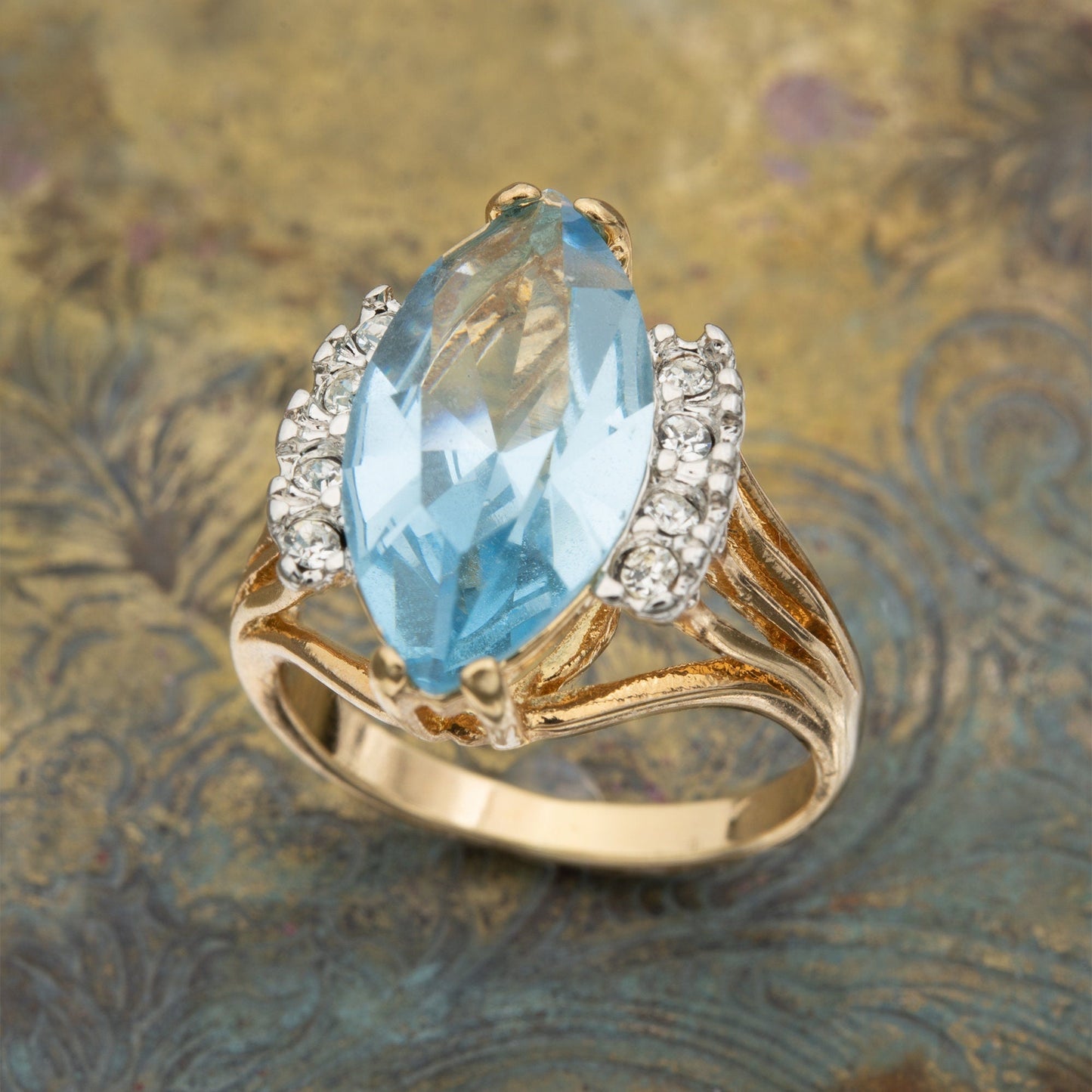 Vintage Ring Aquamarine Marquise Crystal 18k Gold Antique Womans Jewelry Handmade Rings by PVD Vintage Jewelry - I Bought a Yard Sale