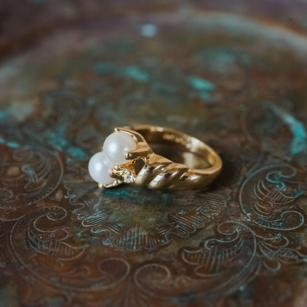 Vintage Ring Black and White Pearl with Crystal Ring 18k Gold Antique Womans Jewlery Handmade Size Rings R3326 by PVD Vintage Jewelry - I Bought a Yard Sale
