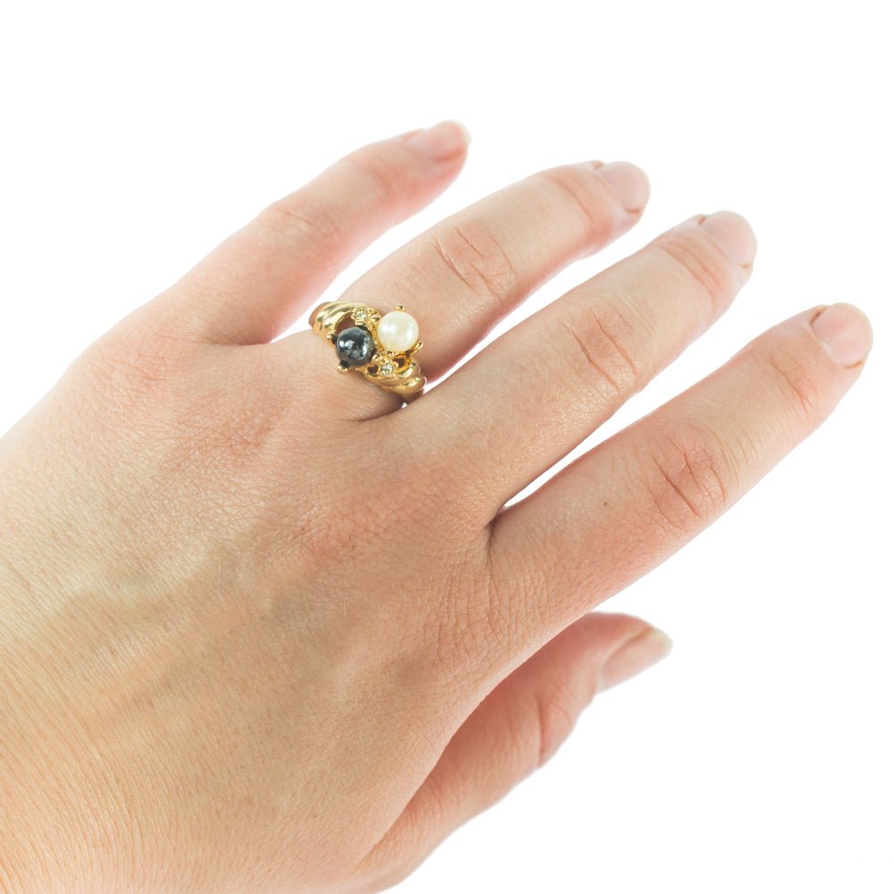Vintage Ring Black and White Pearl with Crystal Ring 18k Gold Antique Womans Jewlery Handmade Size Rings R3326 by PVD Vintage Jewelry - I Bought a Yard Sale