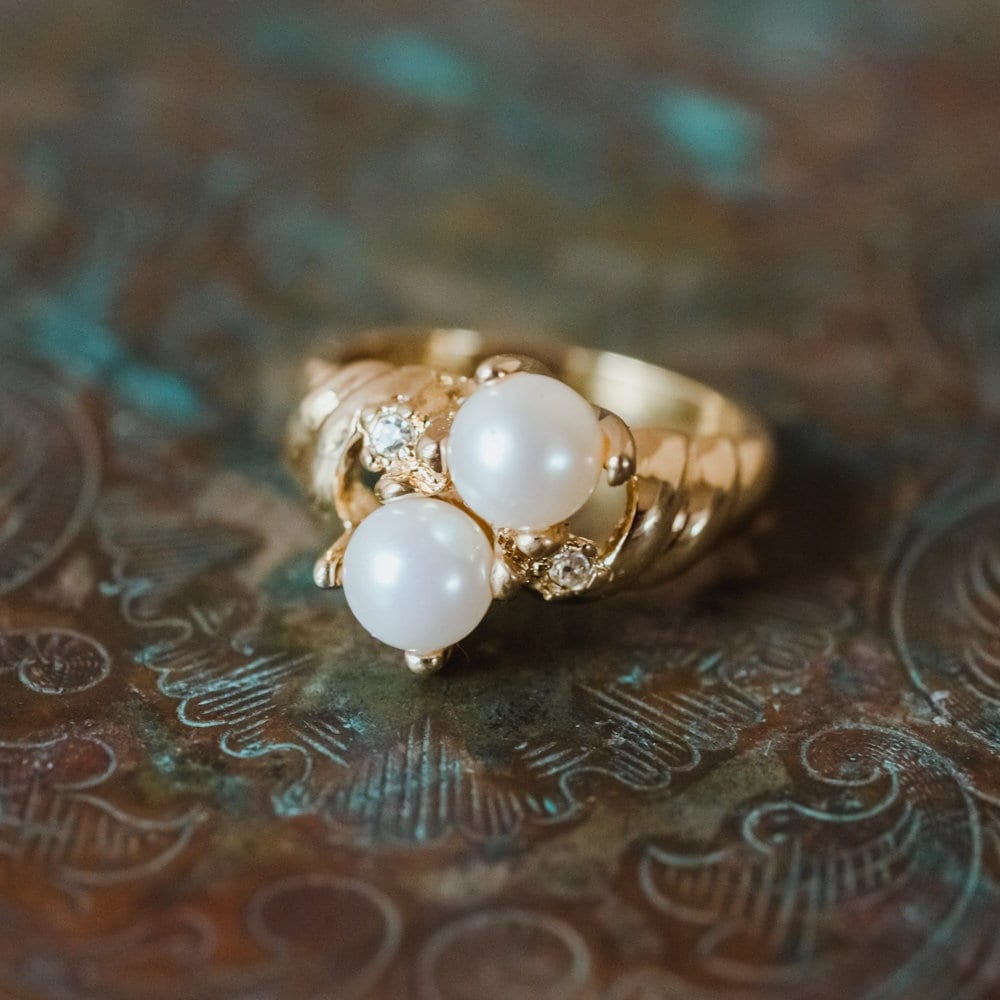 Vintage Ring Black and White Pearl with Crystal Ring 18k Gold Antique Womans Jewlery Handmade Size Rings R3326 by PVD Vintage Jewelry - I Bought a Yard Sale