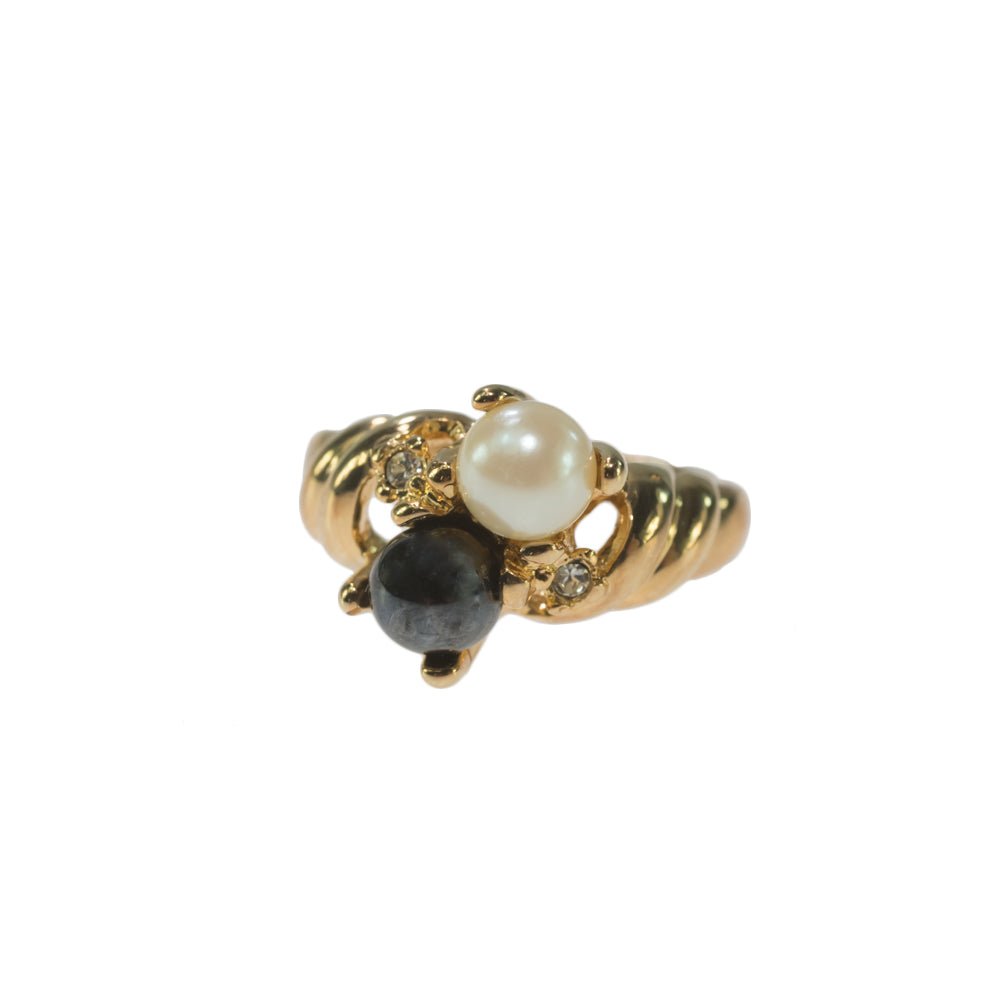 Vintage Ring Black and White Pearl with Crystal Ring 18k Gold Antique Womans Jewlery Handmade Size Rings R3326 by PVD Vintage Jewelry - I Bought a Yard Sale