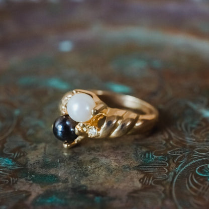 Vintage Ring Black and White Pearl with Crystal Ring 18k Gold Antique Womans Jewlery Handmade Size Rings R3326 by PVD Vintage Jewelry - I Bought a Yard Sale